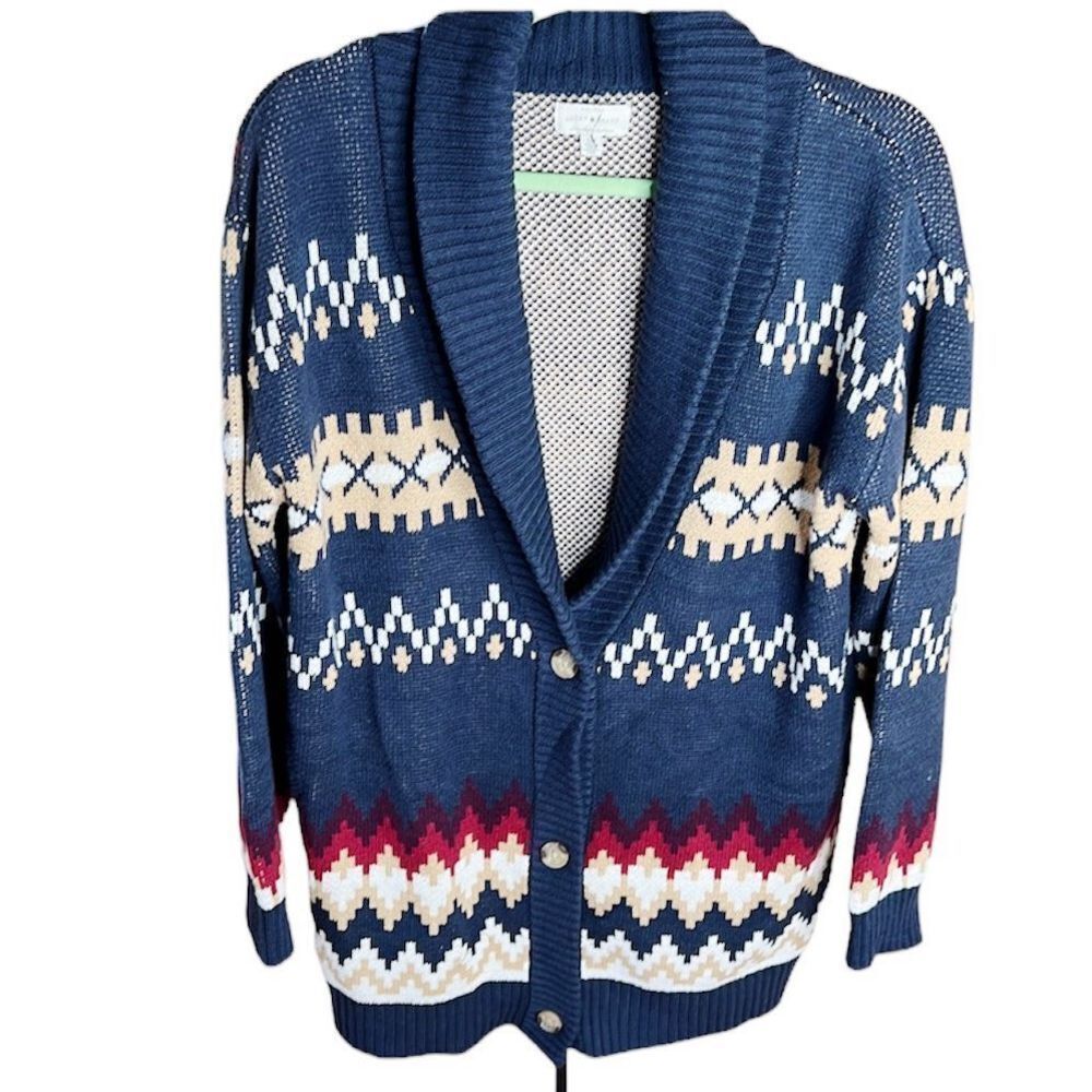 Lucky Brand Shawl Cardigan Sweater Blue Aztec NWOT Small